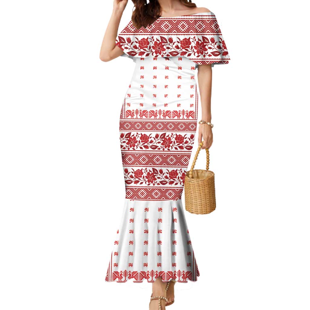 Antique Croatia Folk Embroidery Inspired Pattern Mermaid Dress Roses and Peacocks - Wonder Print Shop