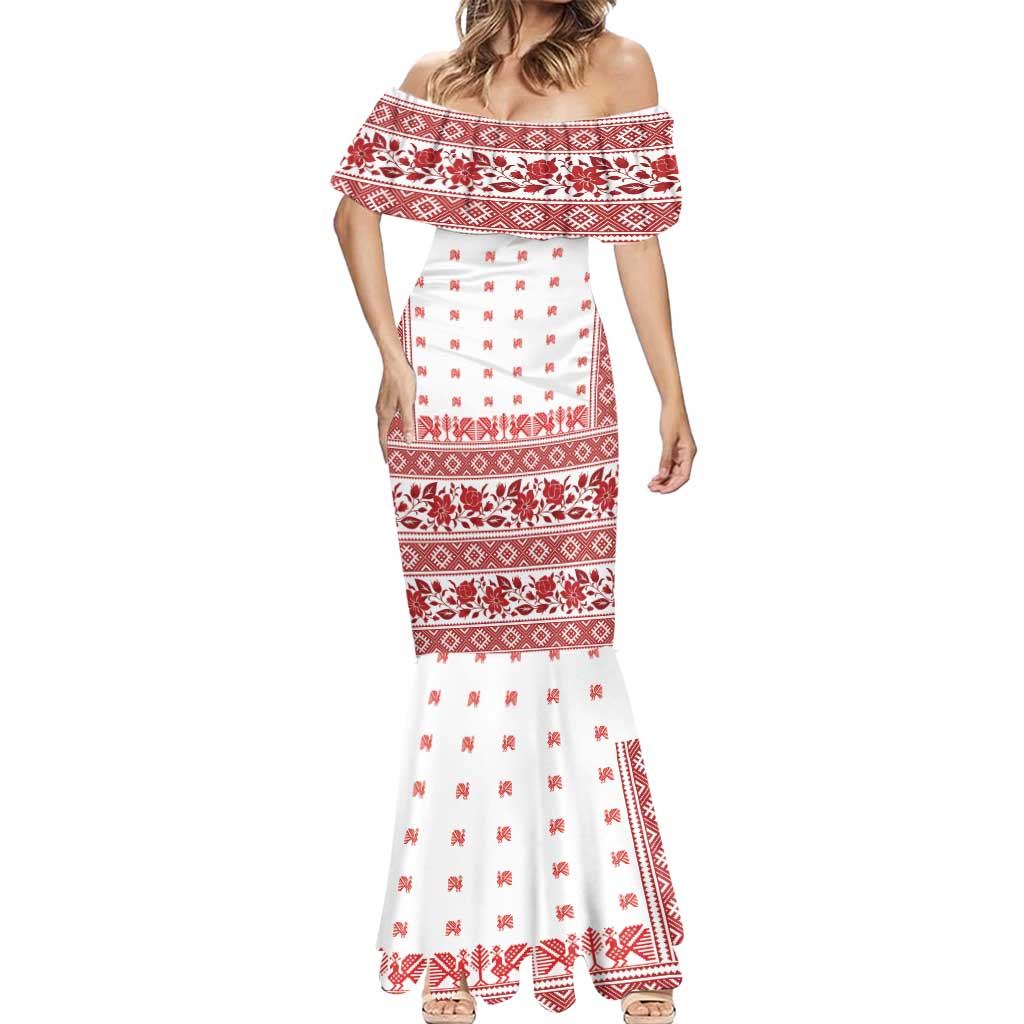 Antique Croatia Folk Embroidery Inspired Pattern Mermaid Dress Roses and Peacocks - Wonder Print Shop