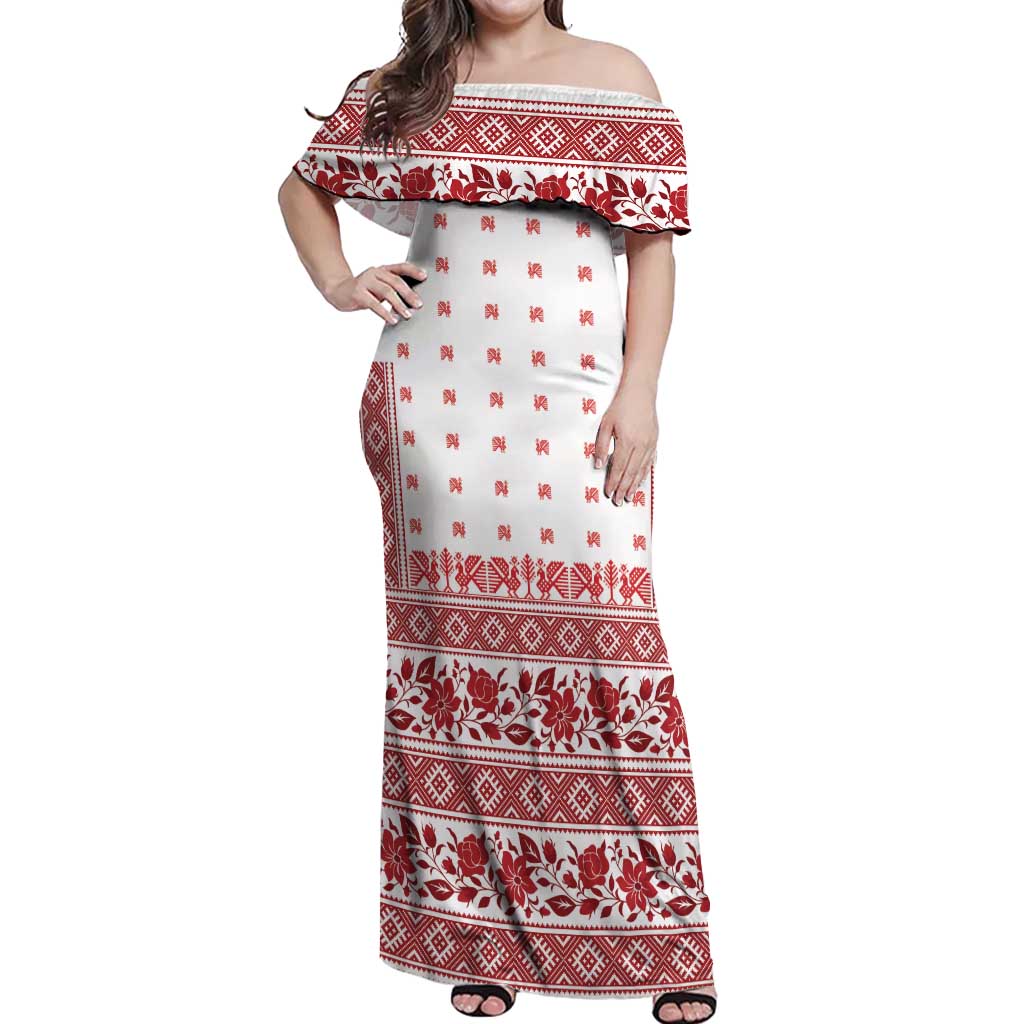 Antique Croatia Folk Embroidery Inspired Pattern Off Shoulder Maxi Dress Roses and Peacocks - Wonder Print Shop