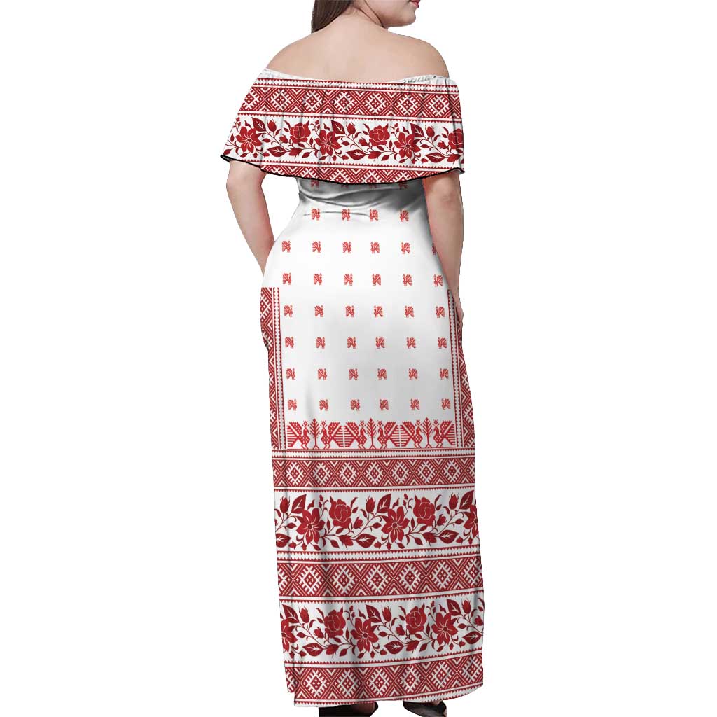 Antique Croatia Folk Embroidery Inspired Pattern Off Shoulder Maxi Dress Roses and Peacocks - Wonder Print Shop