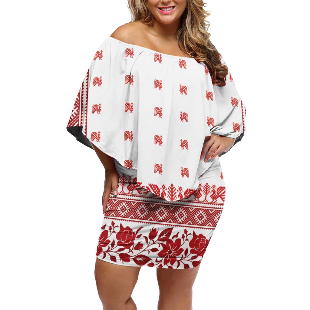 Antique Croatia Folk Embroidery Inspired Pattern Off Shoulder Short Dress Roses and Peacocks - Wonder Print Shop