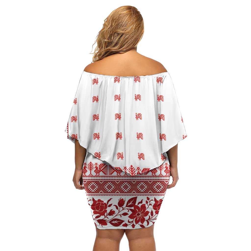 Antique Croatia Folk Embroidery Inspired Pattern Off Shoulder Short Dress Roses and Peacocks - Wonder Print Shop