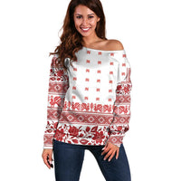 Antique Croatia Folk Embroidery Inspired Pattern Off Shoulder Sweater Roses and Peacocks - Wonder Print Shop