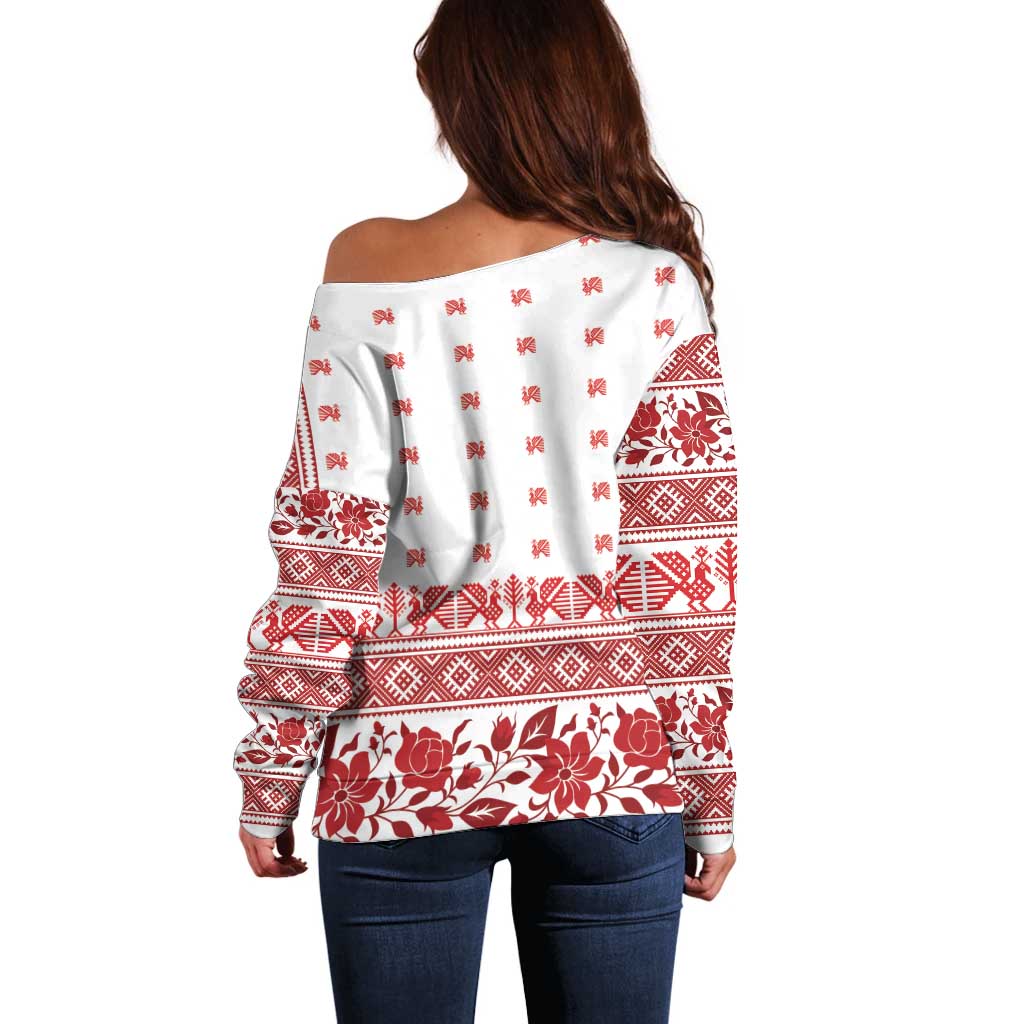 Antique Croatia Folk Embroidery Inspired Pattern Off Shoulder Sweater Roses and Peacocks - Wonder Print Shop