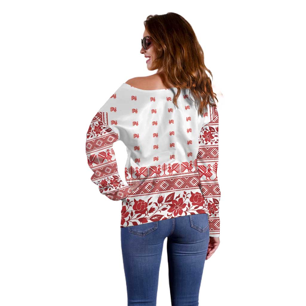 Antique Croatia Folk Embroidery Inspired Pattern Off Shoulder Sweater Roses and Peacocks - Wonder Print Shop