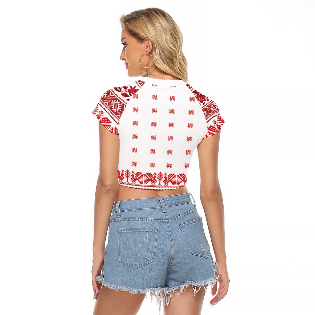Antique Croatia Folk Embroidery Inspired Pattern Raglan Cropped T Shirt Roses and Peacocks - Wonder Print Shop
