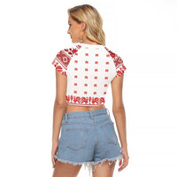 Antique Croatia Folk Embroidery Inspired Pattern Raglan Cropped T Shirt Roses and Peacocks - Wonder Print Shop