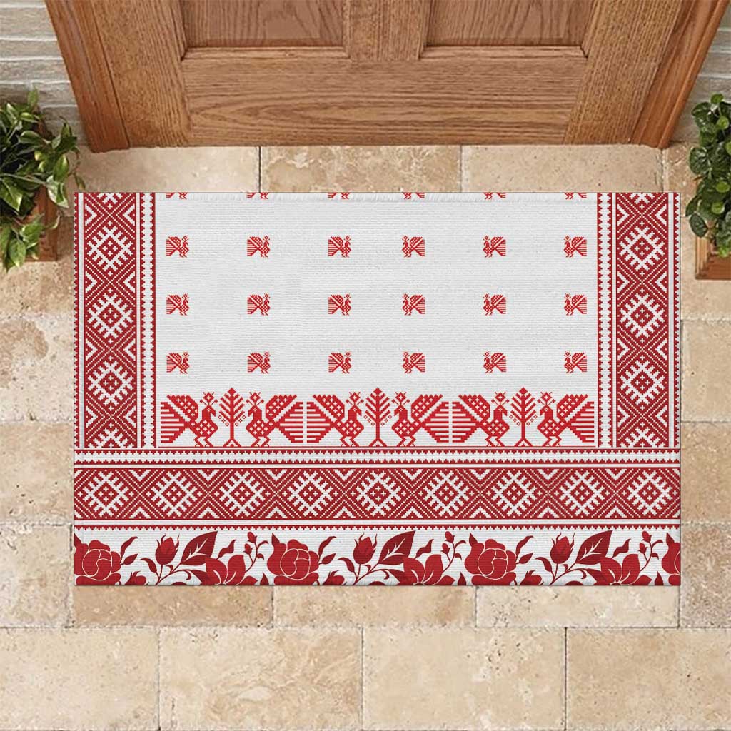 Antique Croatia Folk Embroidery Inspired Pattern Rubber Doormat Roses and Peacocks - Wonder Print Shop