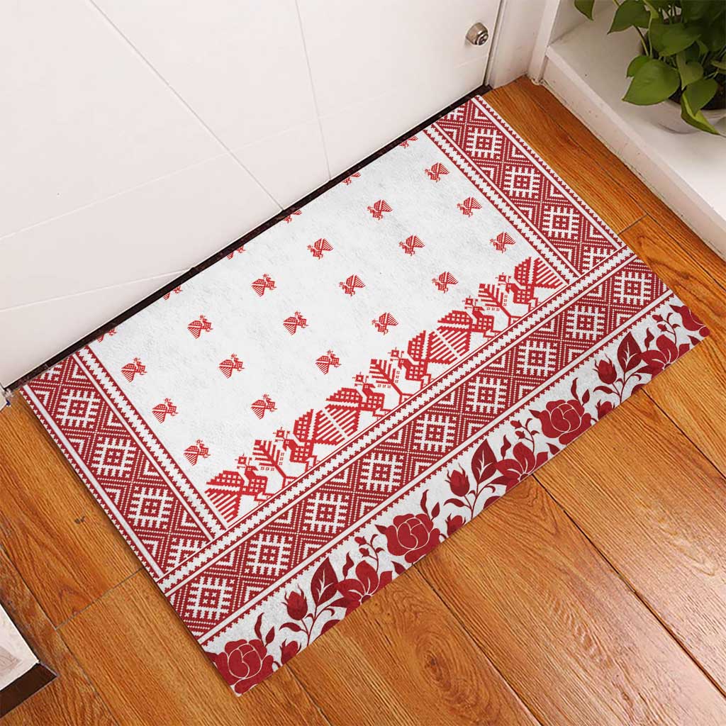 Antique Croatia Folk Embroidery Inspired Pattern Rubber Doormat Roses and Peacocks - Wonder Print Shop