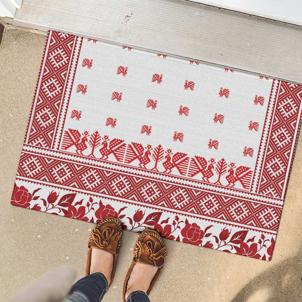 Antique Croatia Folk Embroidery Inspired Pattern Rubber Doormat Roses and Peacocks - Wonder Print Shop