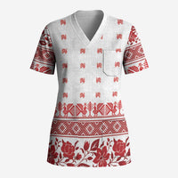 Antique Croatia Folk Embroidery Inspired Pattern Scrub Top Roses and Peacocks - Wonder Print Shop