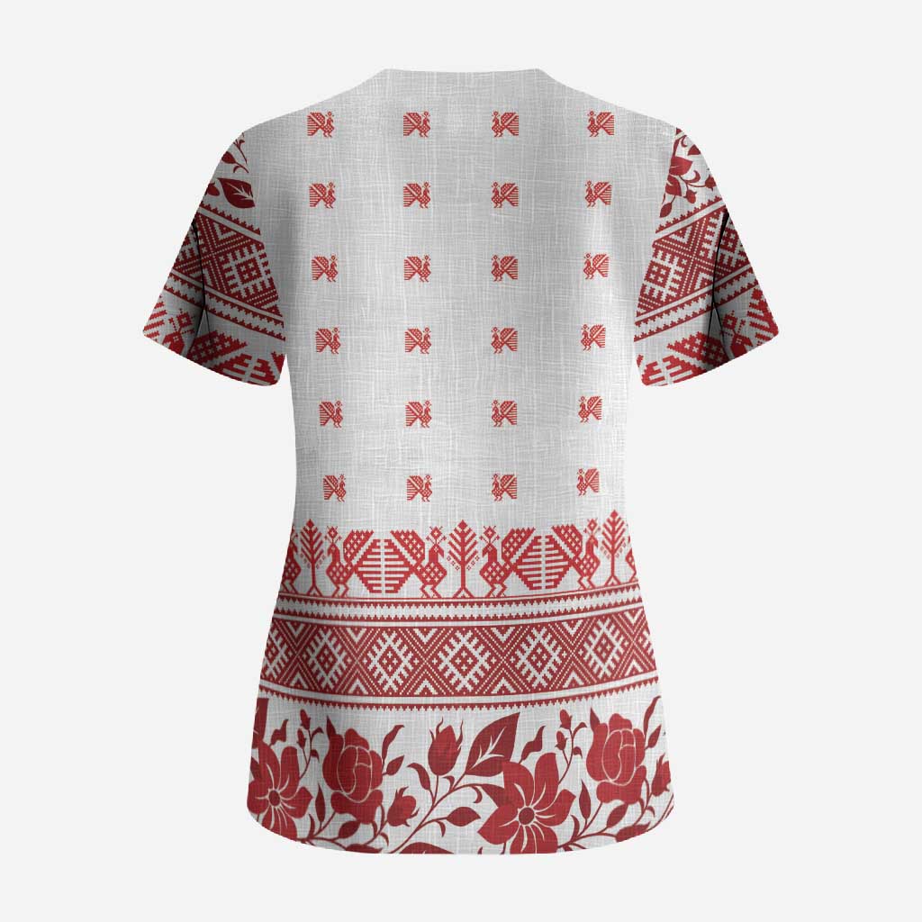 Antique Croatia Folk Embroidery Inspired Pattern Scrub Top Roses and Peacocks - Wonder Print Shop
