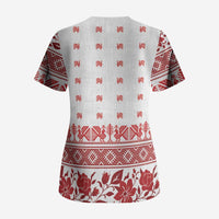 Antique Croatia Folk Embroidery Inspired Pattern Scrub Top Roses and Peacocks - Wonder Print Shop