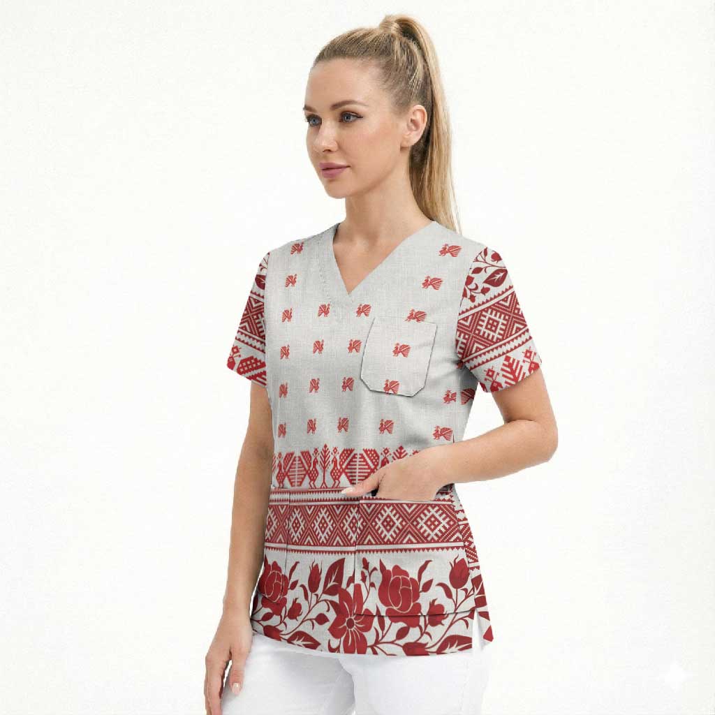 Antique Croatia Folk Embroidery Inspired Pattern Scrub Top Roses and Peacocks - Wonder Print Shop