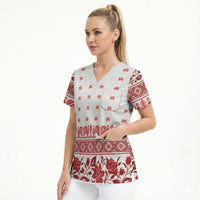 Antique Croatia Folk Embroidery Inspired Pattern Scrub Top Roses and Peacocks - Wonder Print Shop
