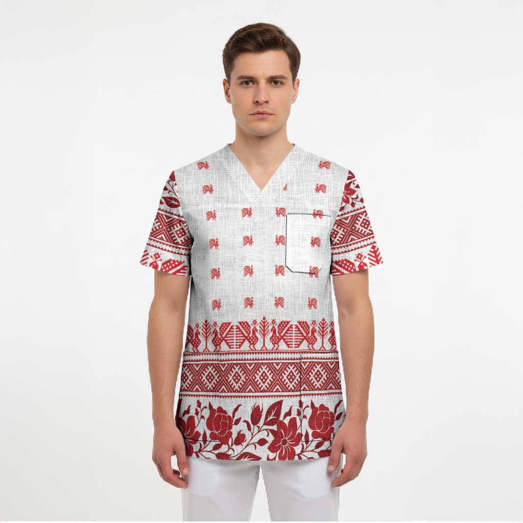 Antique Croatia Folk Embroidery Inspired Pattern Scrub Top Roses and Peacocks - Wonder Print Shop