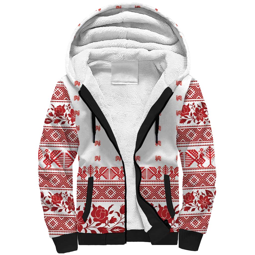 Antique Croatia Folk Embroidery Inspired Pattern Sherpa Hoodie Roses and Peacocks - Wonder Print Shop