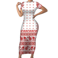 Antique Croatia Folk Embroidery Inspired Pattern Short Sleeve Bodycon Dress Roses and Peacocks - Wonder Print Shop