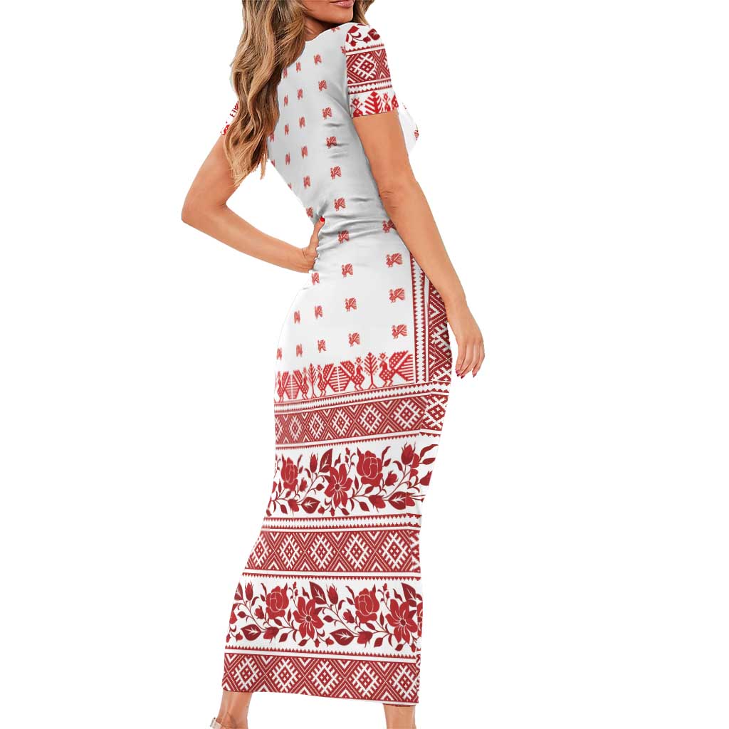 Antique Croatia Folk Embroidery Inspired Pattern Short Sleeve Bodycon Dress Roses and Peacocks - Wonder Print Shop