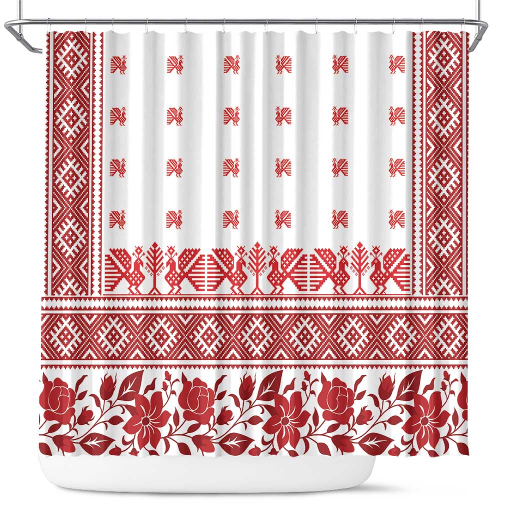 Antique Croatia Folk Embroidery Inspired Pattern Shower Curtain Roses and Peacocks - Wonder Print Shop