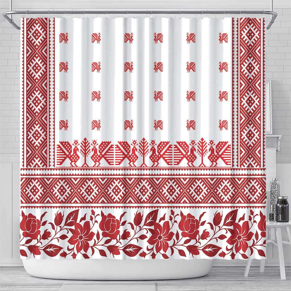 Antique Croatia Folk Embroidery Inspired Pattern Shower Curtain Roses and Peacocks - Wonder Print Shop