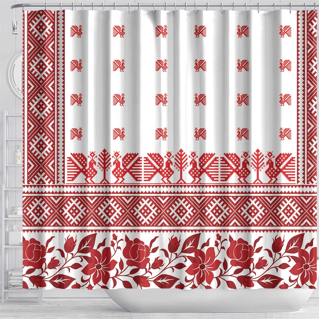 Antique Croatia Folk Embroidery Inspired Pattern Shower Curtain Roses and Peacocks - Wonder Print Shop