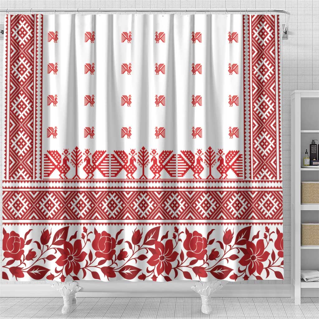 Antique Croatia Folk Embroidery Inspired Pattern Shower Curtain Roses and Peacocks - Wonder Print Shop