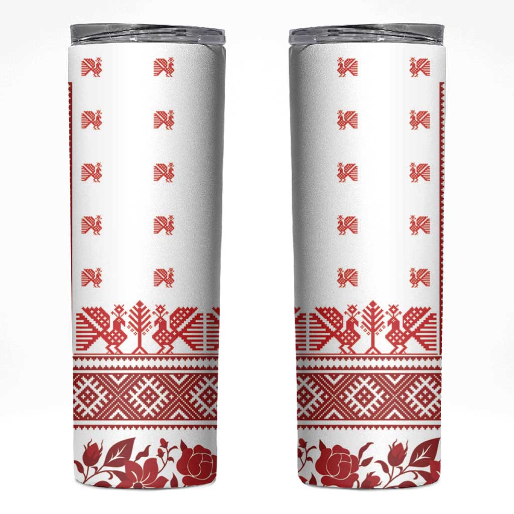 Antique Croatia Folk Embroidery Inspired Pattern Skinny Tumbler Roses and Peacocks - Wonder Print Shop