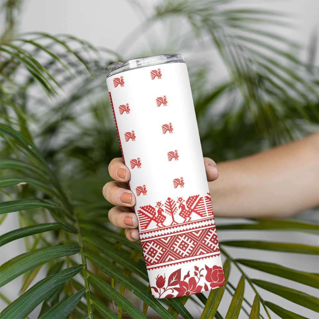 Antique Croatia Folk Embroidery Inspired Pattern Skinny Tumbler Roses and Peacocks - Wonder Print Shop