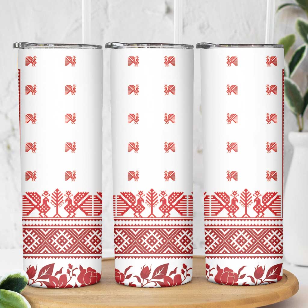 Antique Croatia Folk Embroidery Inspired Pattern Skinny Tumbler Roses and Peacocks - Wonder Print Shop