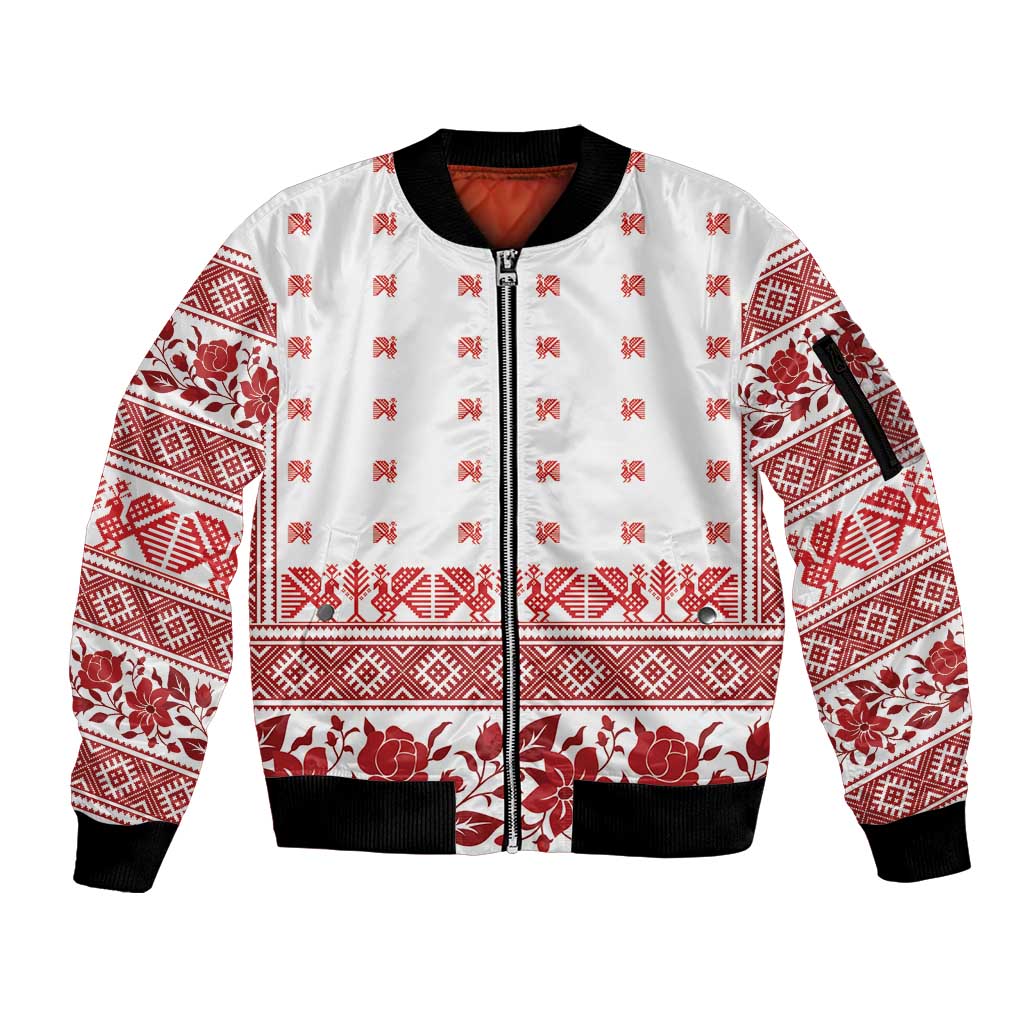 Antique Croatia Folk Embroidery Inspired Pattern Sleeve Zip Bomber Jacket Roses and Peacocks - Wonder Print Shop