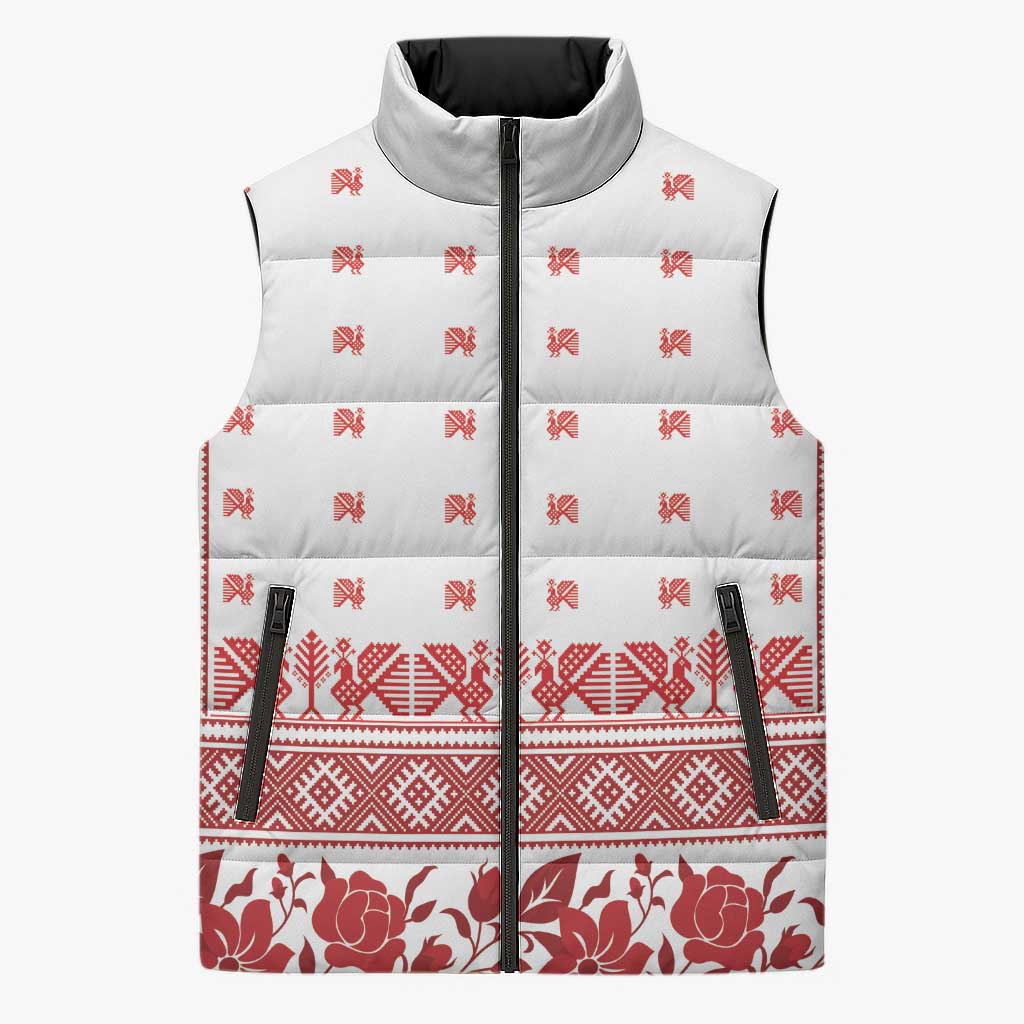 Antique Croatia Folk Embroidery Inspired Pattern Sleeveless Puffer Jacket Roses and Peacocks - Wonder Print Shop