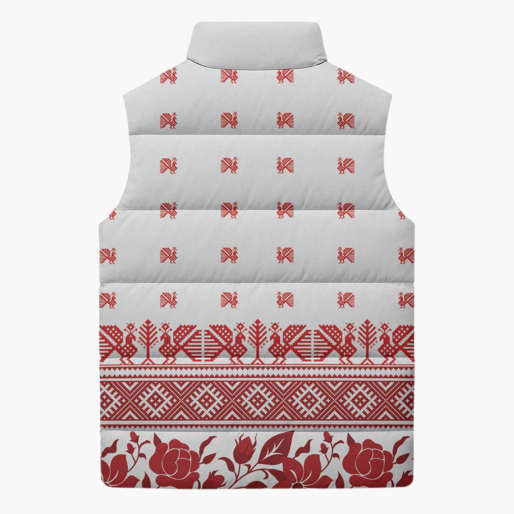 Antique Croatia Folk Embroidery Inspired Pattern Sleeveless Puffer Jacket Roses and Peacocks - Wonder Print Shop