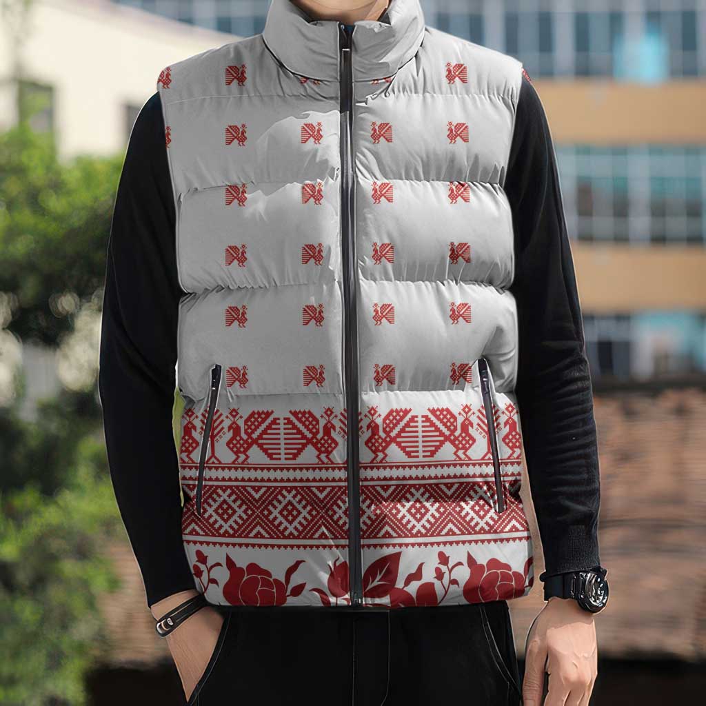Antique Croatia Folk Embroidery Inspired Pattern Sleeveless Puffer Jacket Roses and Peacocks - Wonder Print Shop