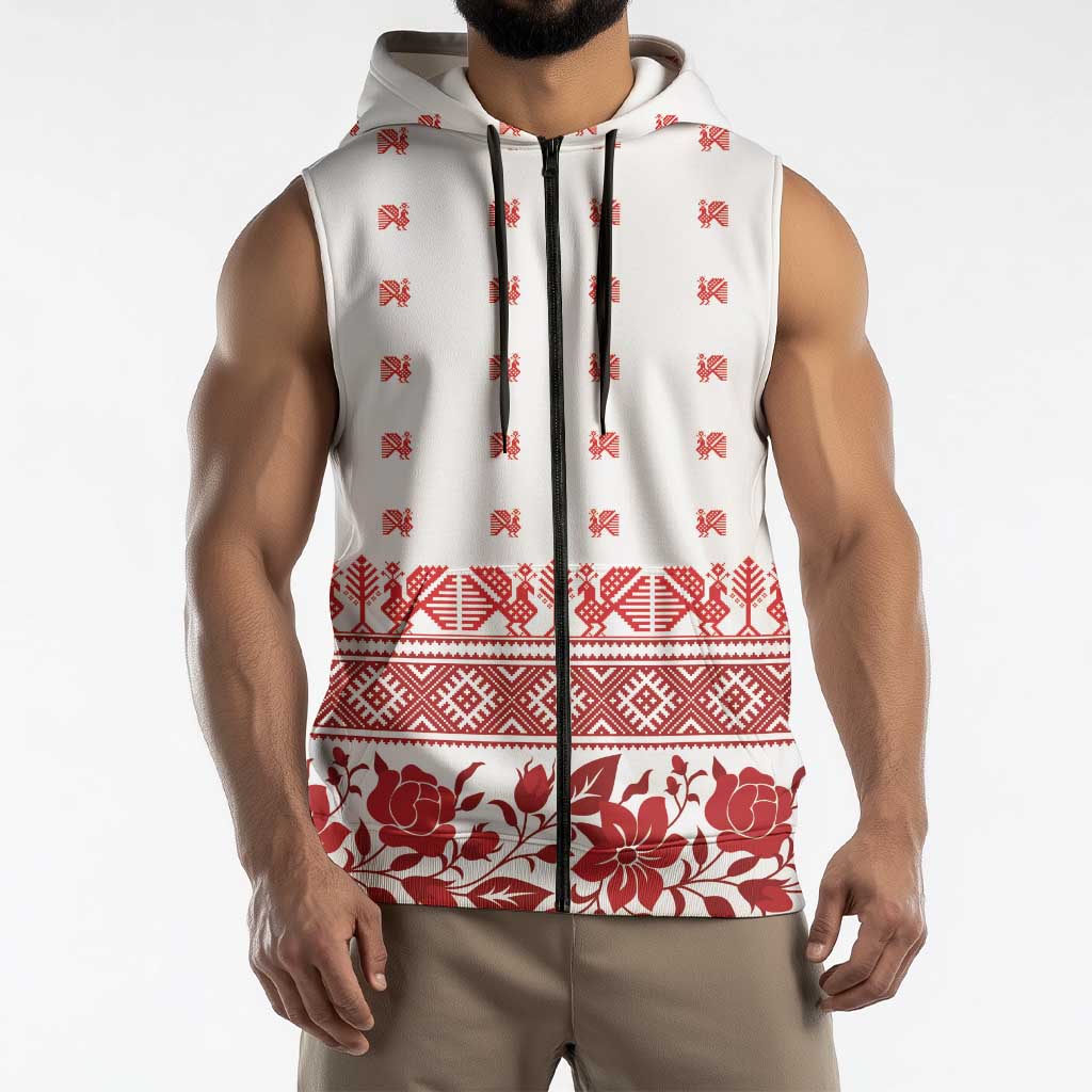 Antique Croatia Folk Embroidery Inspired Pattern Sleeveless Zip Hoodie Roses and Peacocks - Wonder Print Shop