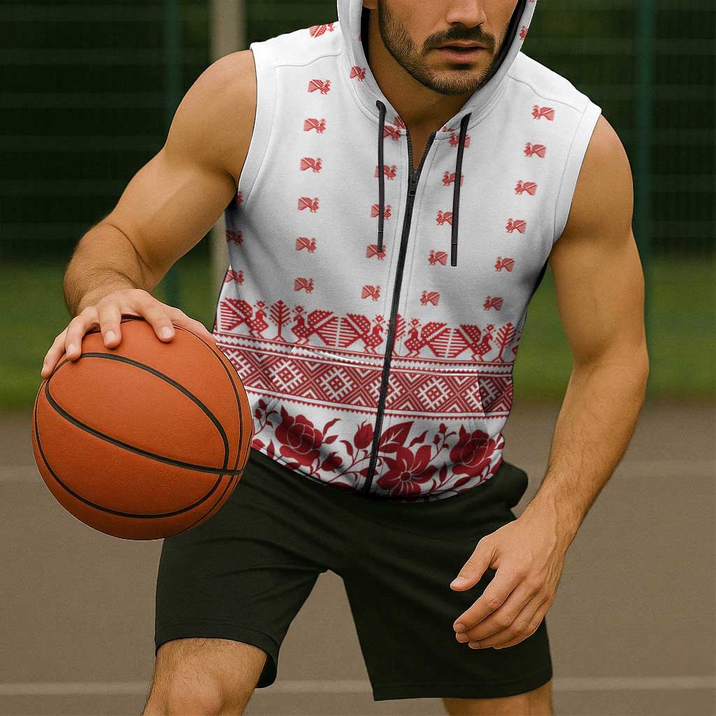 Antique Croatia Folk Embroidery Inspired Pattern Sleeveless Zip Hoodie Roses and Peacocks - Wonder Print Shop