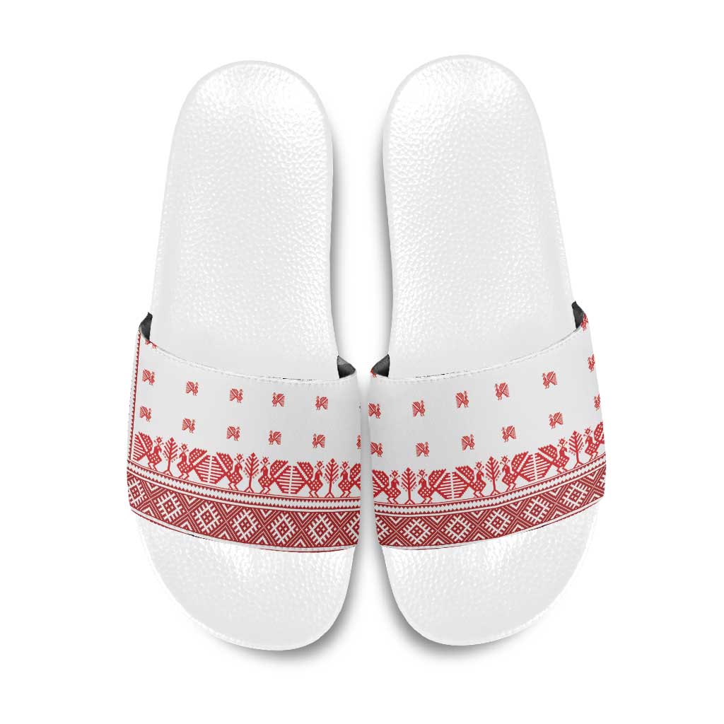 Antique Croatia Folk Embroidery Inspired Pattern Slide Sandals Roses and Peacocks - Wonder Print Shop
