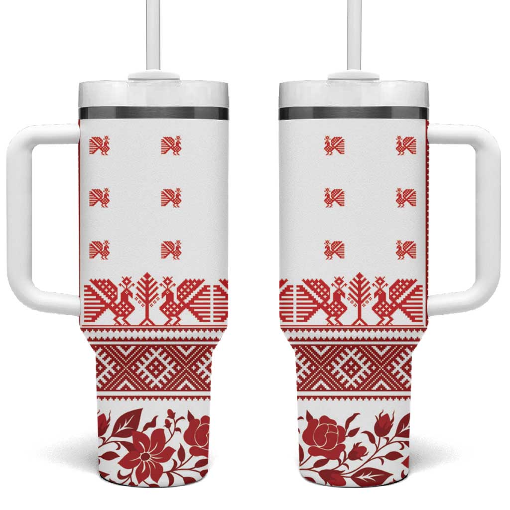 Antique Croatia Folk Embroidery Inspired Pattern Tumbler With Handle Roses and Peacocks - Wonder Print Shop