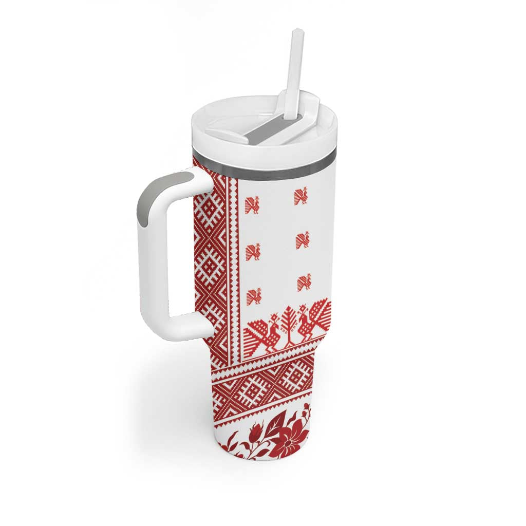 Antique Croatia Folk Embroidery Inspired Pattern Tumbler With Handle Roses and Peacocks - Wonder Print Shop