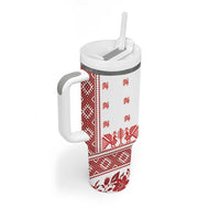 Antique Croatia Folk Embroidery Inspired Pattern Tumbler With Handle Roses and Peacocks - Wonder Print Shop