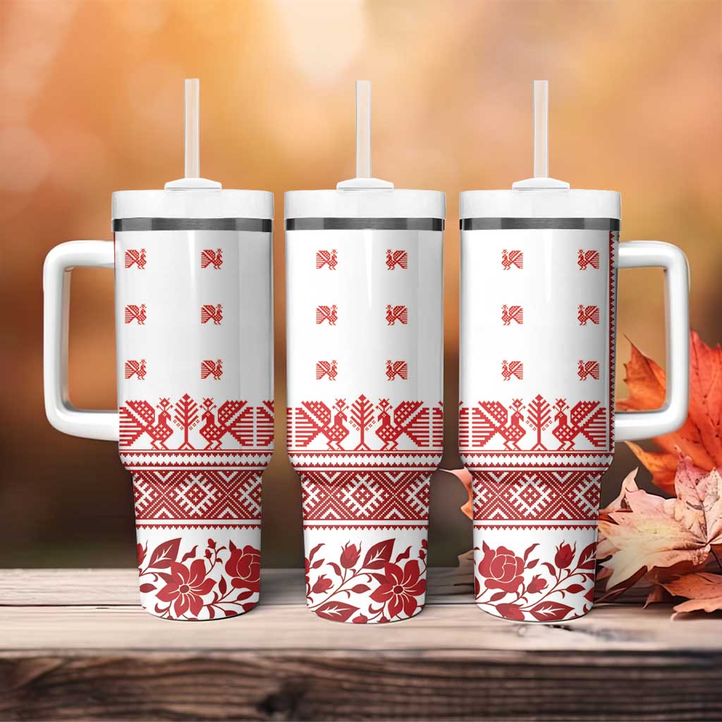 Antique Croatia Folk Embroidery Inspired Pattern Tumbler With Handle Roses and Peacocks - Wonder Print Shop