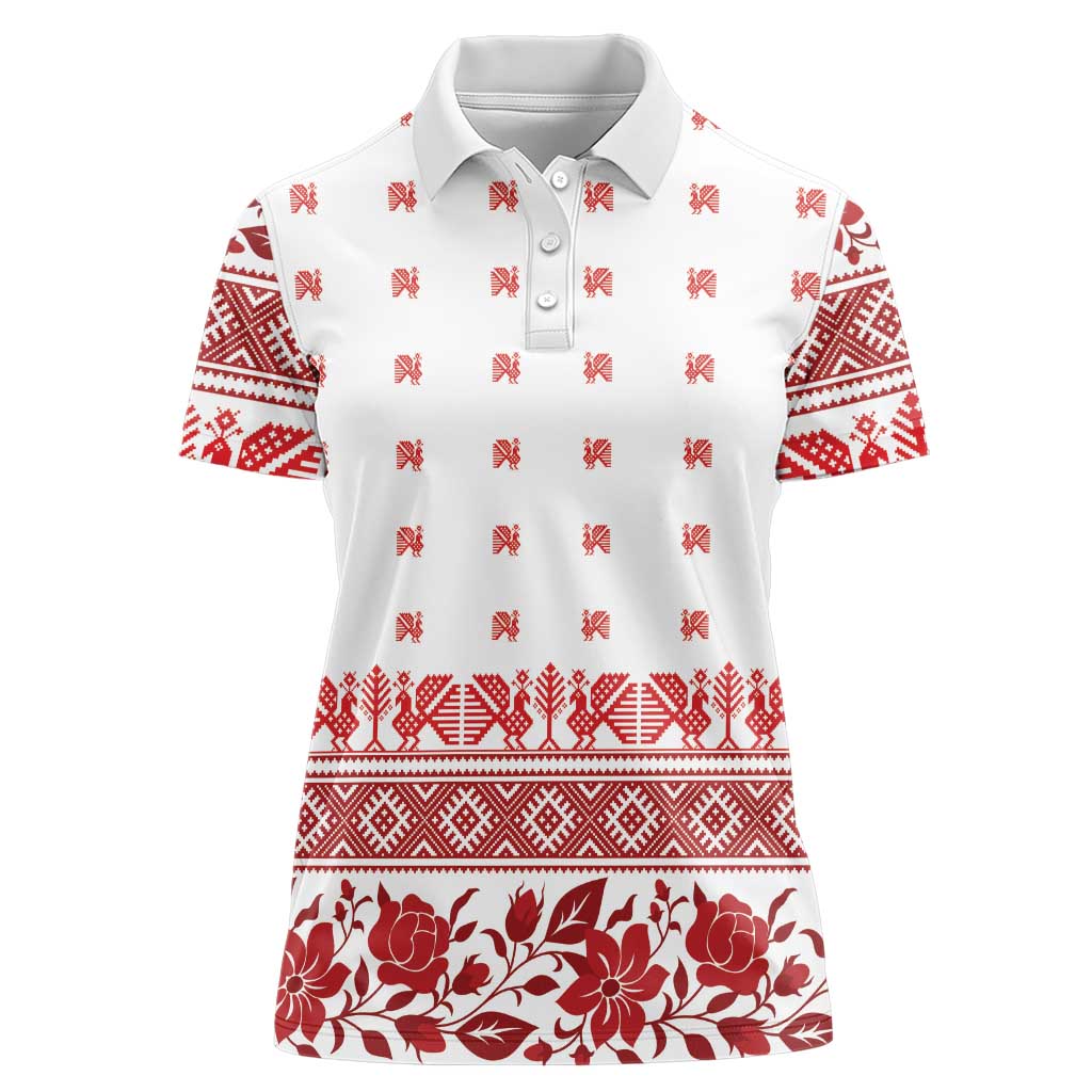 Antique Croatia Folk Embroidery Inspired Pattern Women Polo Shirt Roses and Peacocks - Wonder Print Shop