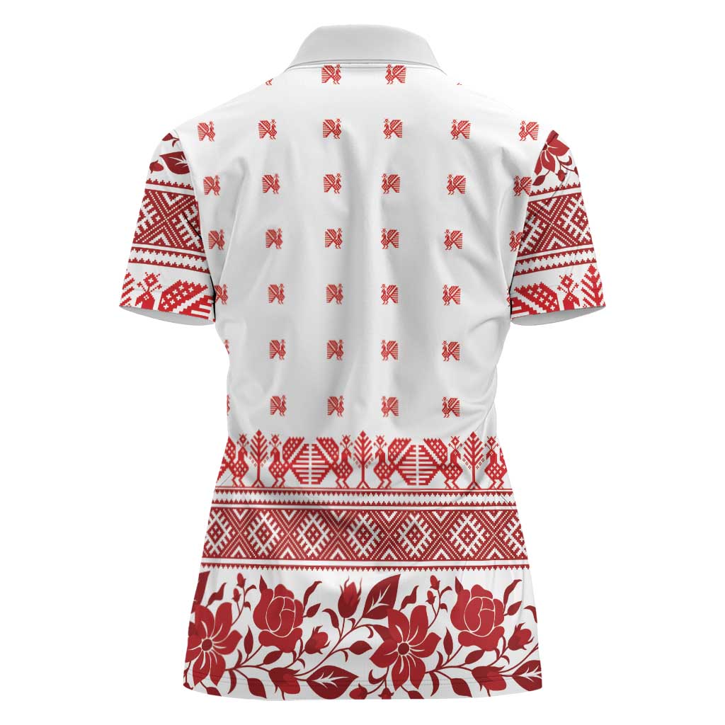 Antique Croatia Folk Embroidery Inspired Pattern Women Polo Shirt Roses and Peacocks - Wonder Print Shop