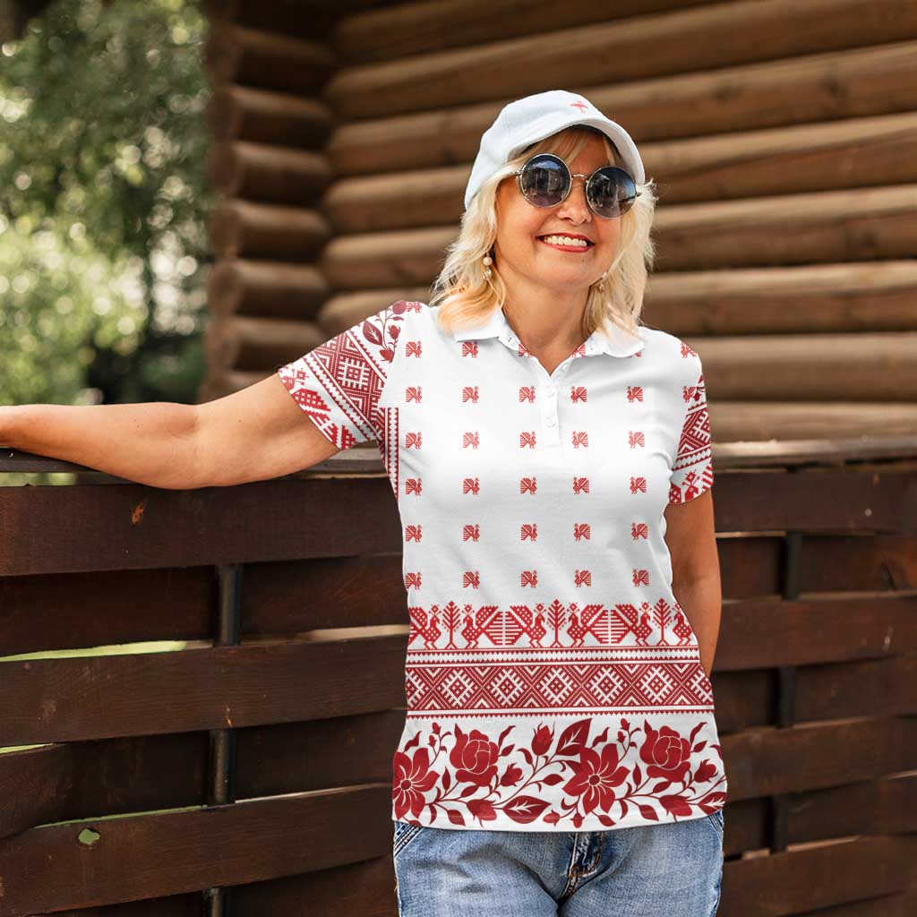 Antique Croatia Folk Embroidery Inspired Pattern Women Polo Shirt Roses and Peacocks - Wonder Print Shop