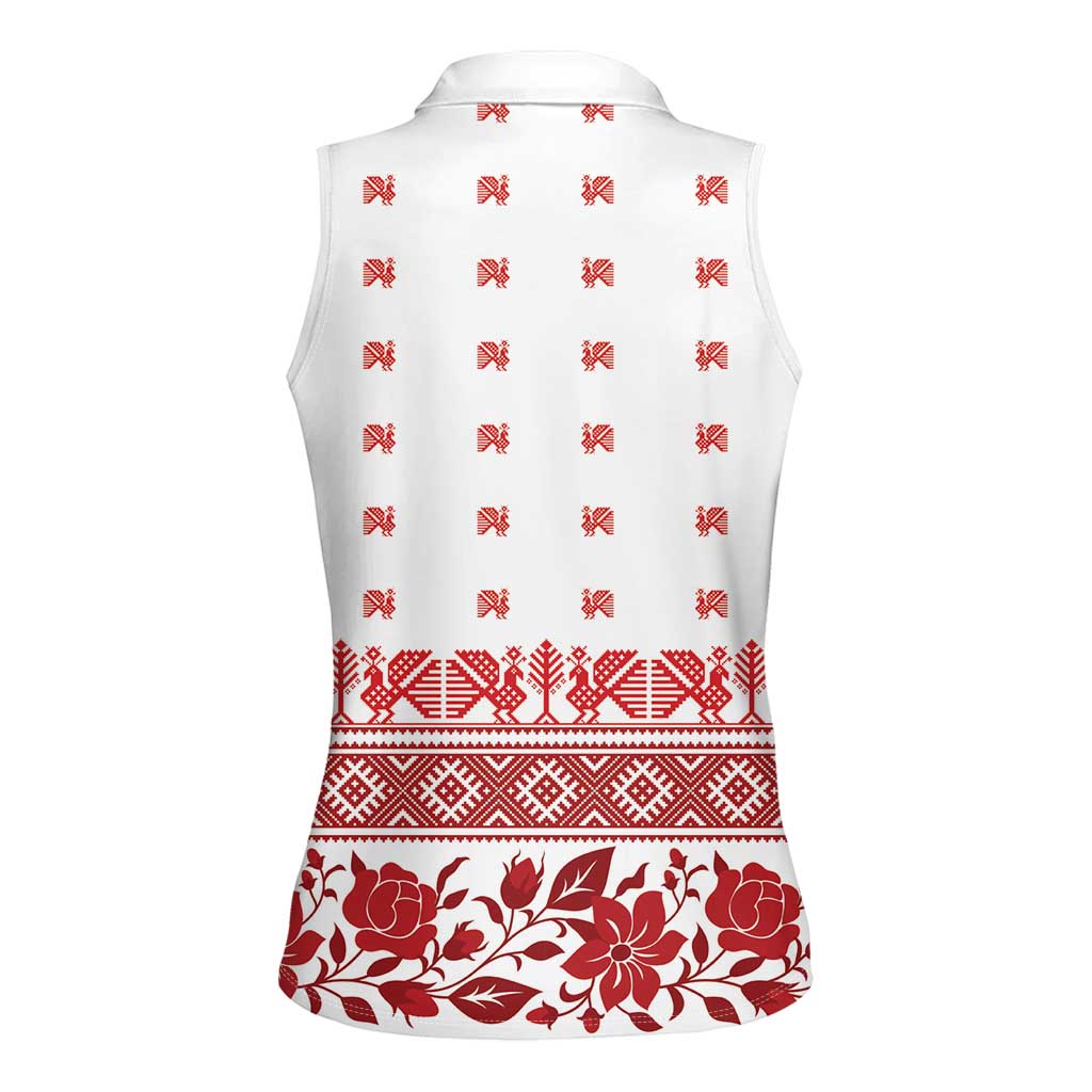 Antique Croatia Folk Embroidery Inspired Pattern Women Sleeveless Polo Shirt Roses and Peacocks - Wonder Print Shop