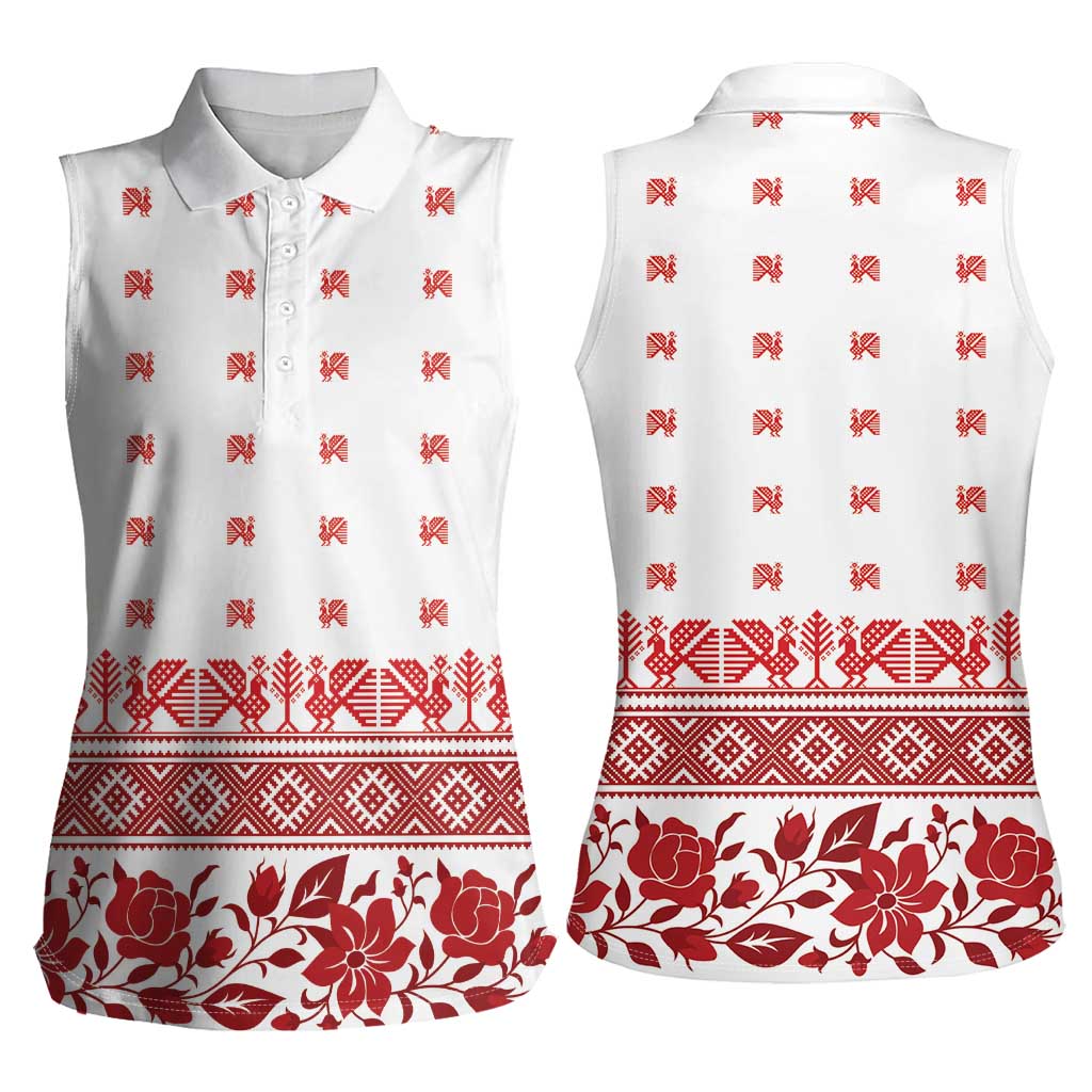 Antique Croatia Folk Embroidery Inspired Pattern Women Sleeveless Polo Shirt Roses and Peacocks - Wonder Print Shop