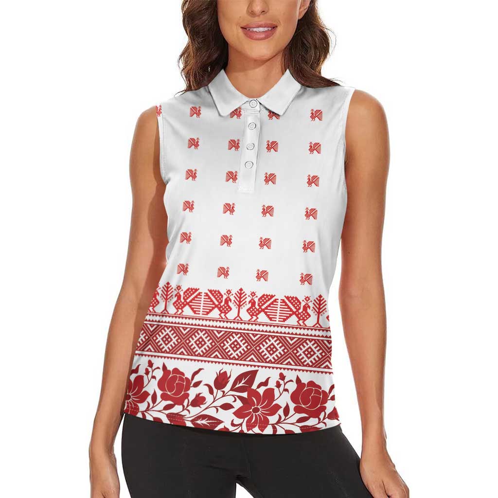 Antique Croatia Folk Embroidery Inspired Pattern Women Sleeveless Polo Shirt Roses and Peacocks - Wonder Print Shop