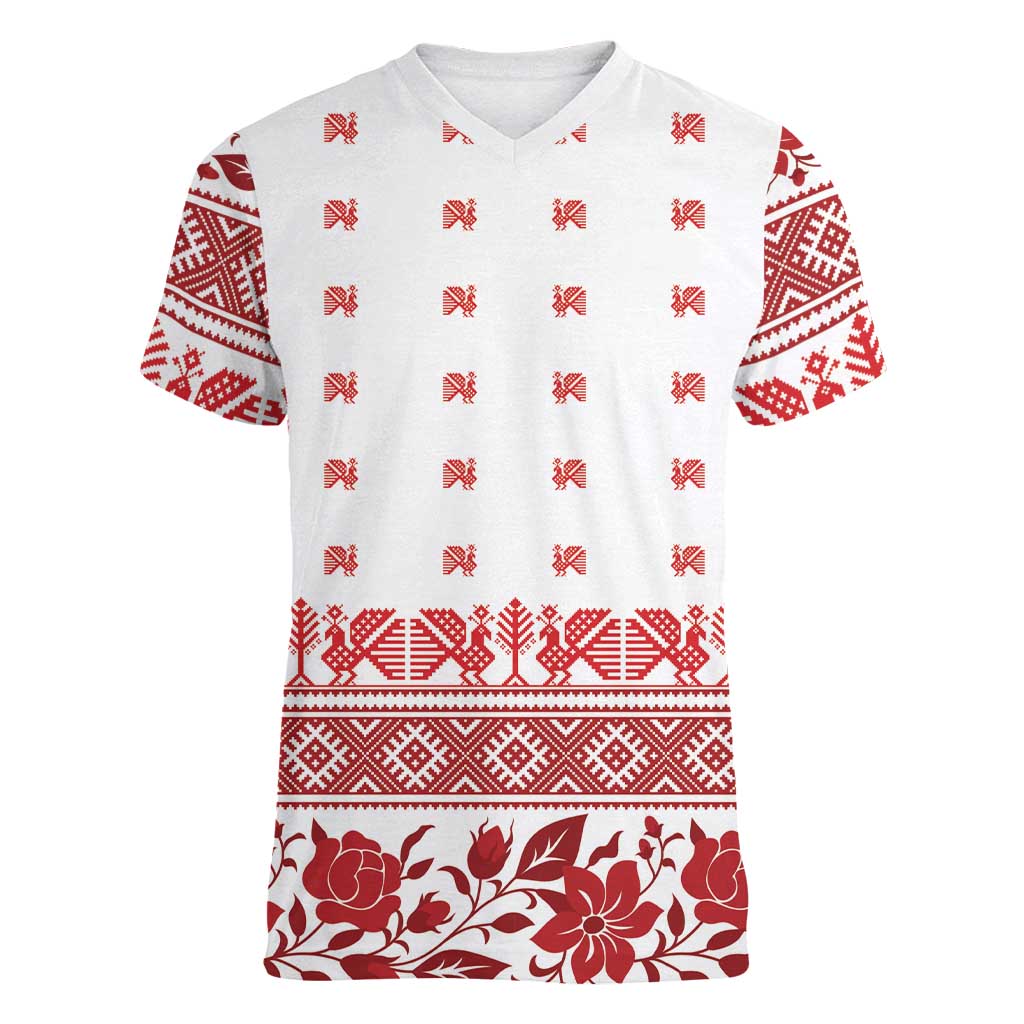 Antique Croatia Folk Embroidery Inspired Pattern Women V-Neck T-Shirt Roses and Peacocks - Wonder Print Shop