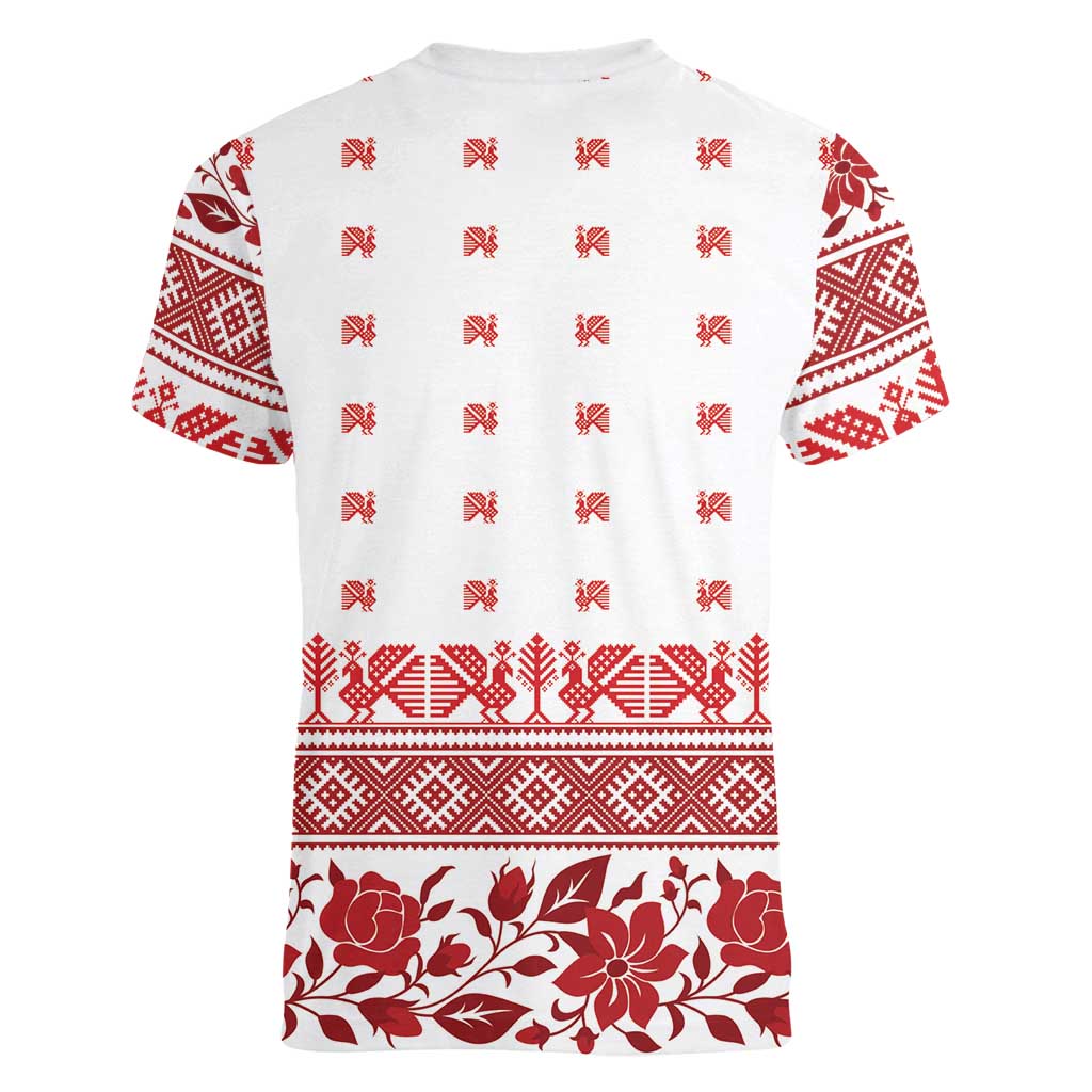 Antique Croatia Folk Embroidery Inspired Pattern Women V-Neck T-Shirt Roses and Peacocks - Wonder Print Shop