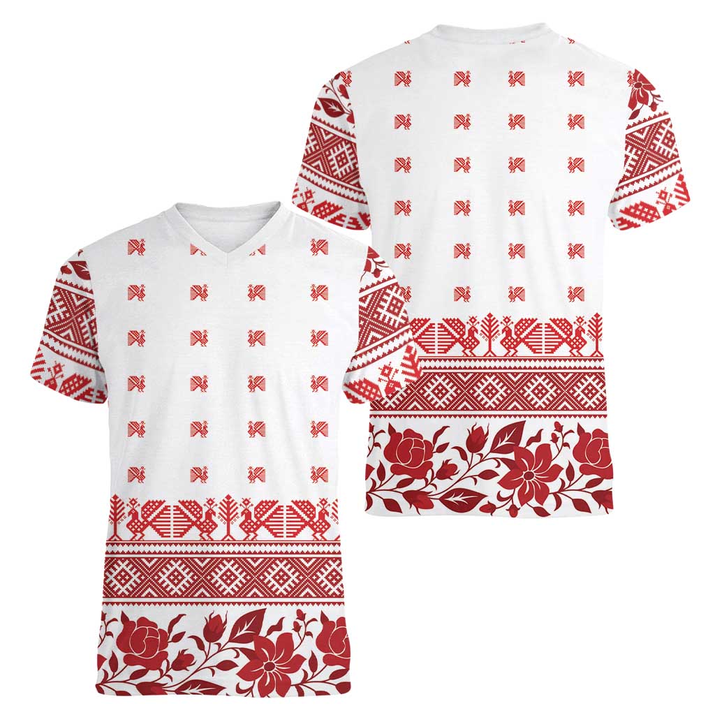 Antique Croatia Folk Embroidery Inspired Pattern Women V-Neck T-Shirt Roses and Peacocks - Wonder Print Shop